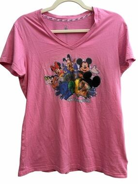 Disney Pink V-Neck Short Sleeve Tee with Mickey & Friends Graphic